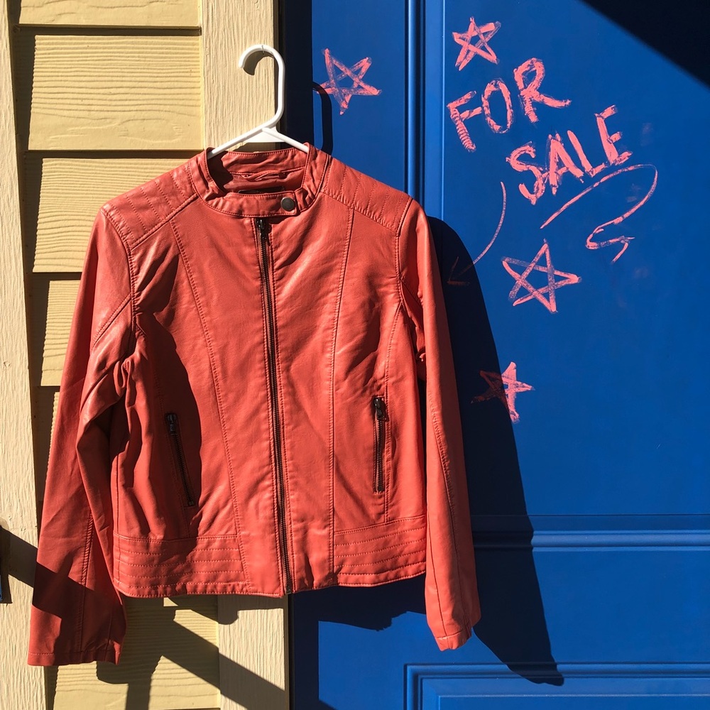 Red leather vintage biker chick long sleeve jacket